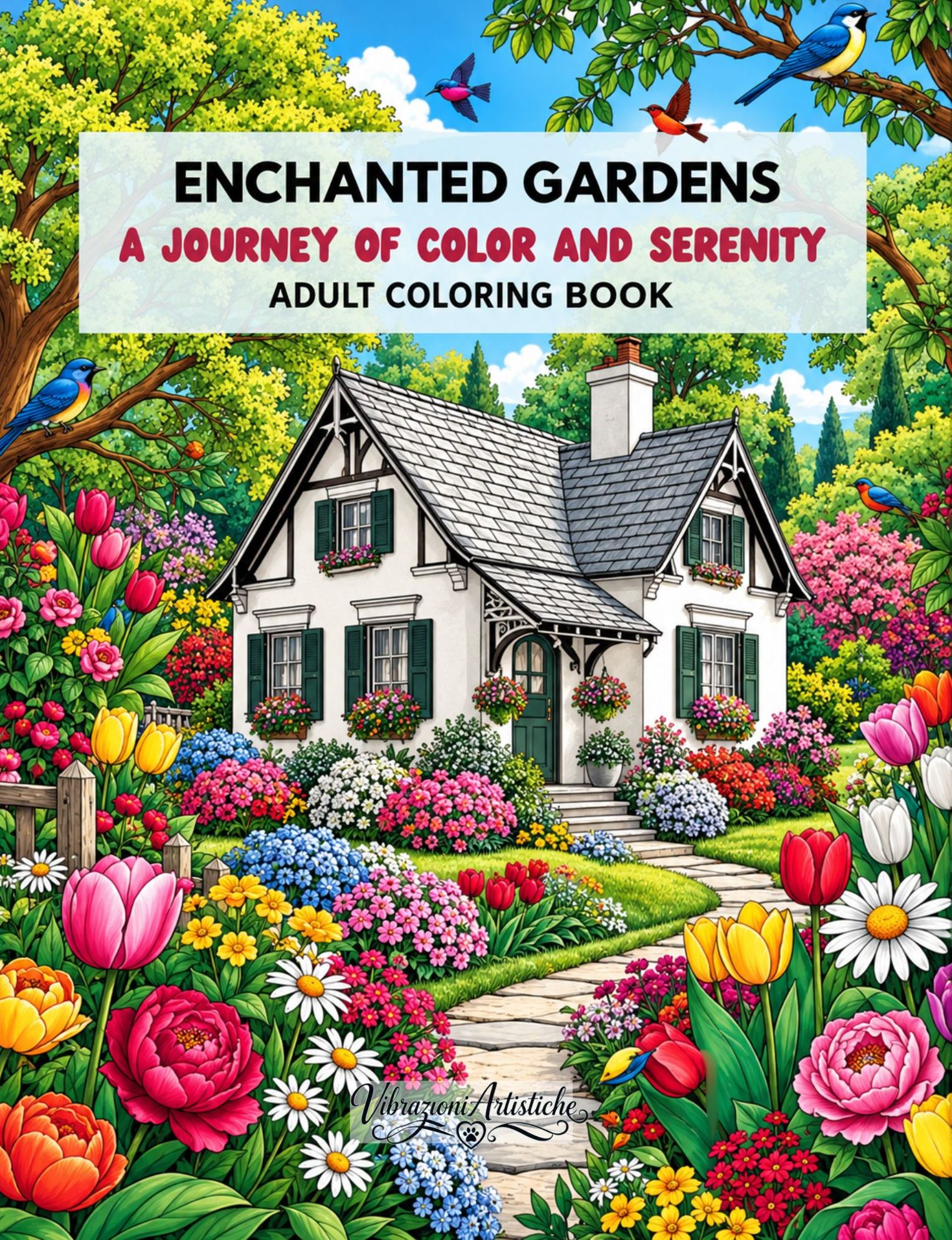 Copertina del libro da colorare Enchanted Gardens: A Journey of Color and Serenity