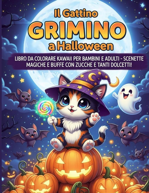 Copertina del libro da colorare Il Gattino Grimino a Halloween
