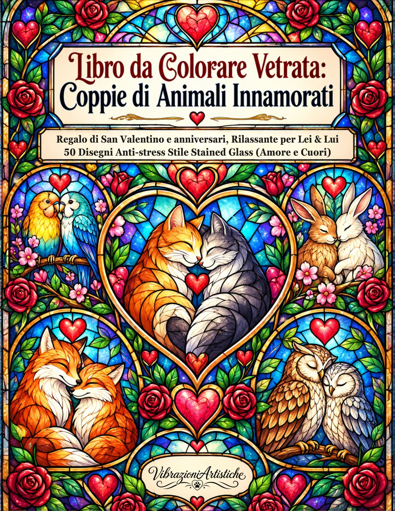 Copertina del libro da colorare Libro da Colorare Vetrata - Coppie di Animali Innamorati