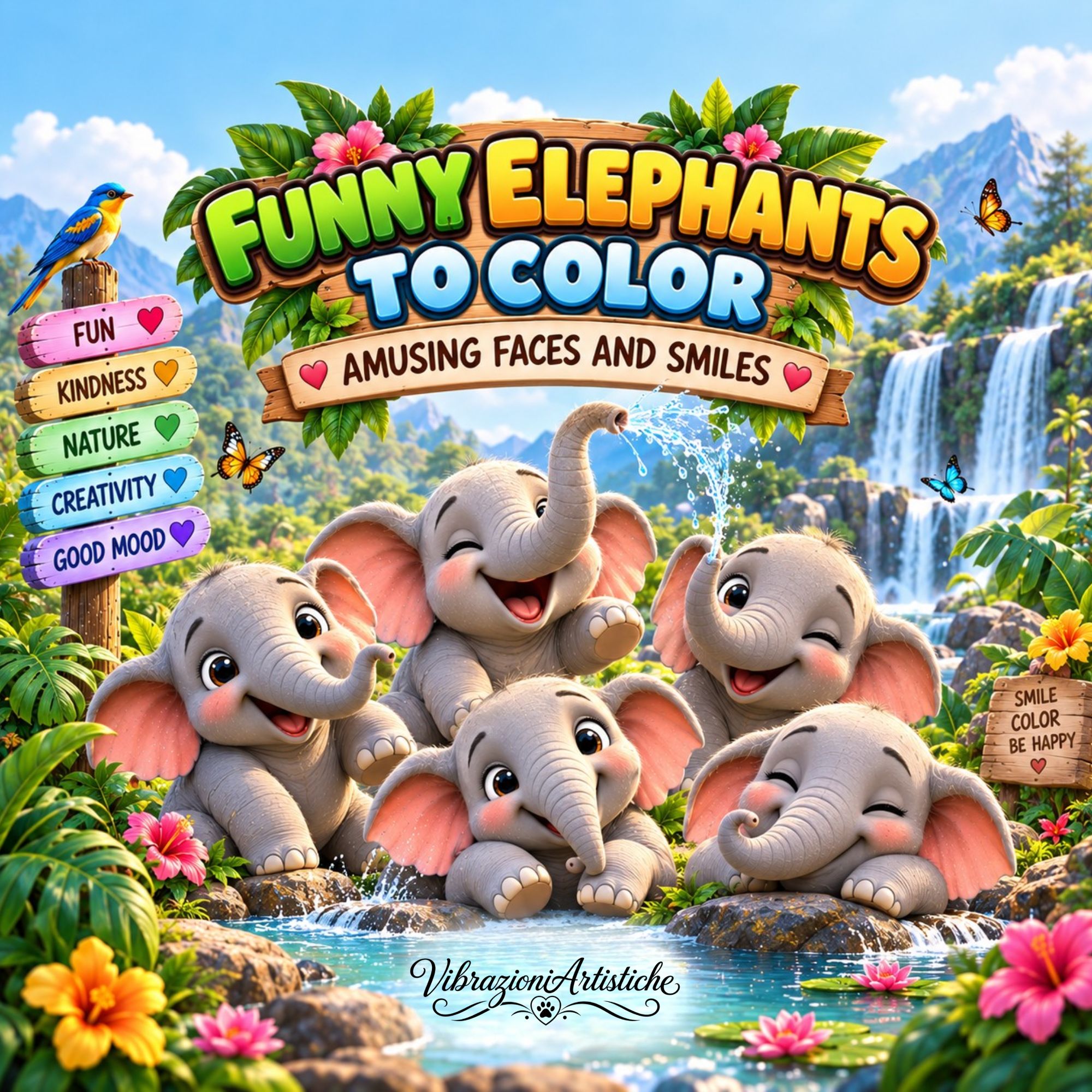 Copertina del libro da colorare Funny Elephants to Color - Amusing Faces and Smiles