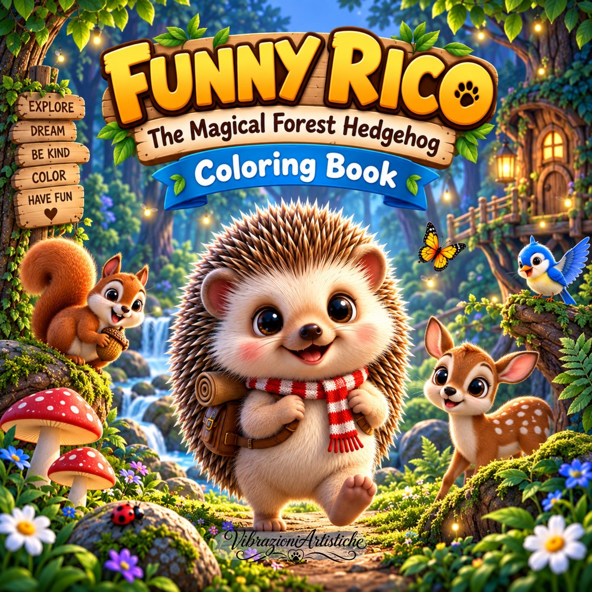 Copertina del libro da colorare Funny Rico - The Magical Forest Hedgehog Coloring Book