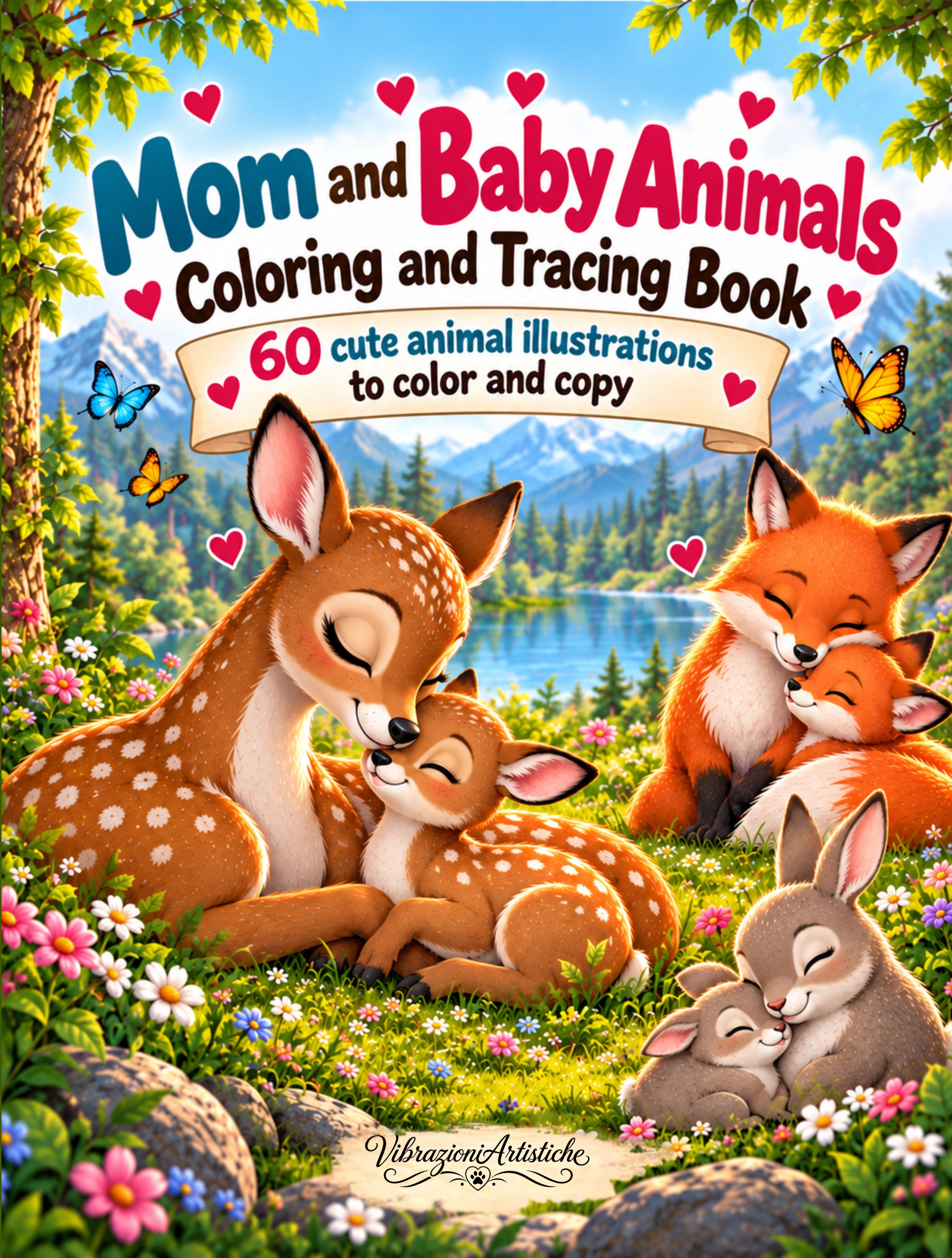Copertina del libro da colorare Mom and Baby Animals Coloring and Tracing Book