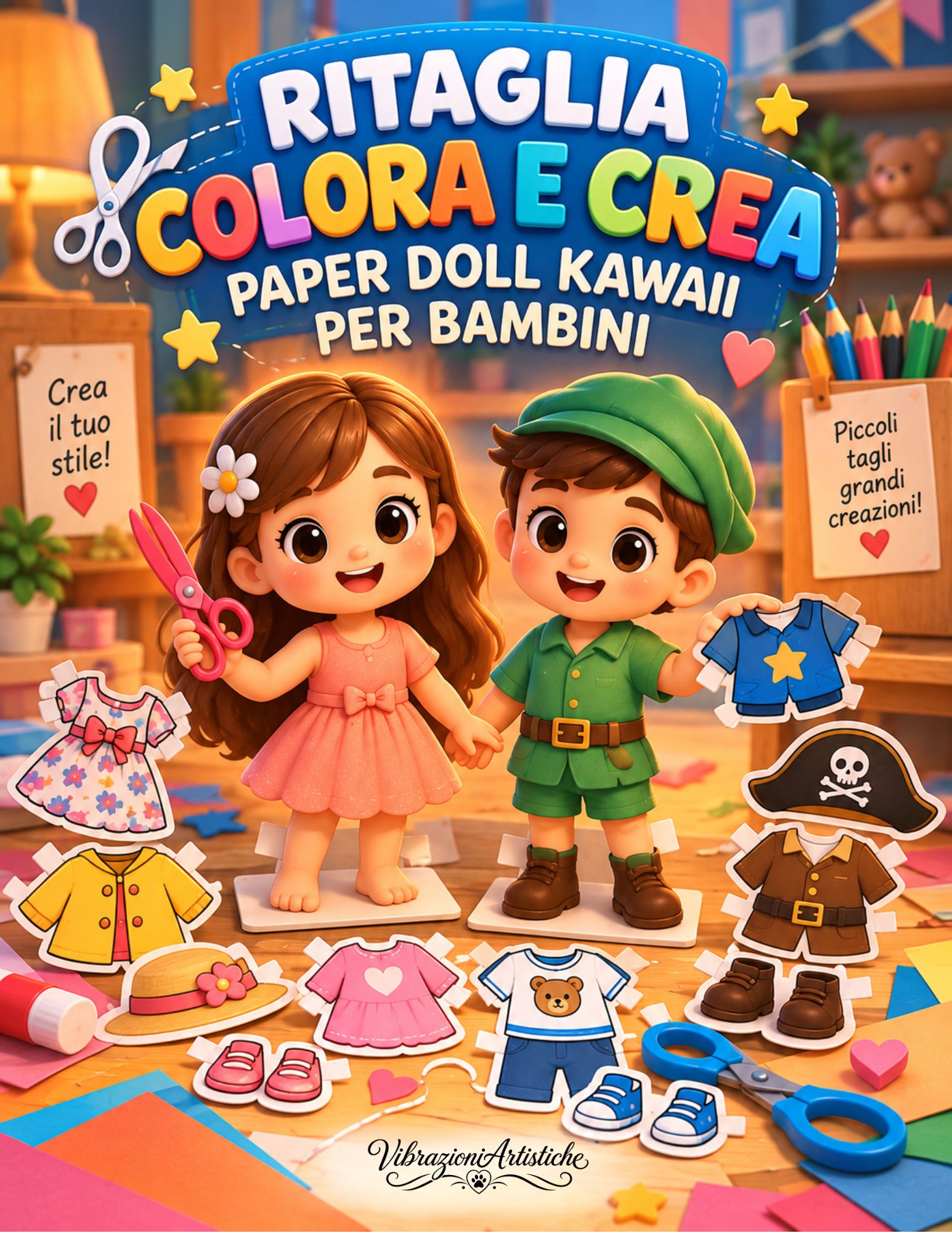 Copertina del libro da colorare Ritaglia, Colora e Crea - Paper Doll Kawaii per Bambini