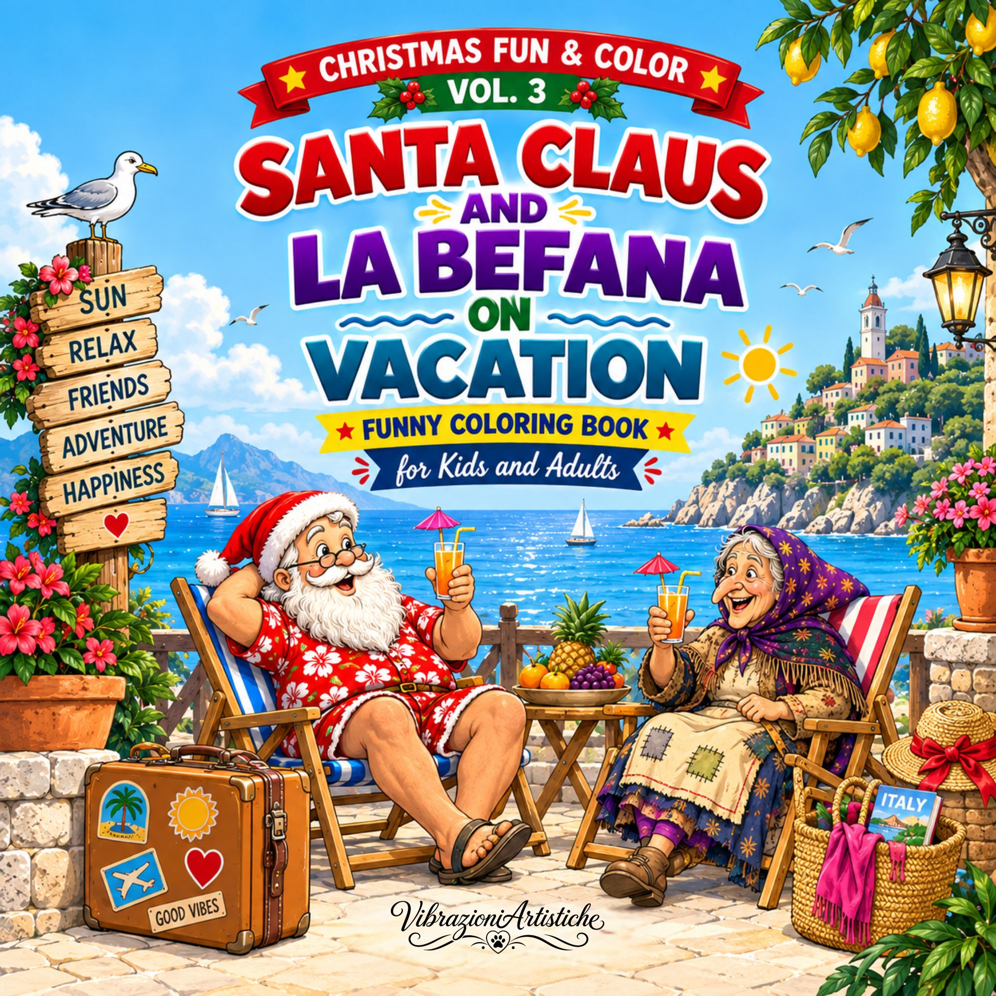 Cover of the coloring book Color with Santa and La Befana - Finally on Holiday