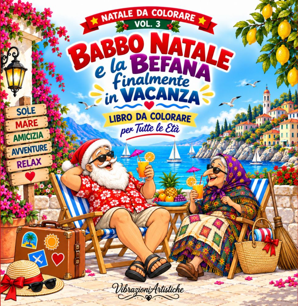 Copertina del libro da colorare Colora con Babbo Natale e la Befana - Finalmente in Vacanza